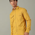 SHANCLO Men's Cavery Cotton Twill Casual Shirt, Mustard Yellow, Regular Fit, Double Chest Pockets, Full Sleeves