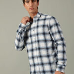 SHANCLO Premium Men's Pure Cotton Checkered Casual Shirt, Regular Fit, Full Sleeve, Slub Dobby, Blue and White