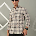 SHANCLO Premium Men's Pure Cotton Checkered Casual Shirt, Regular Fit, Full Sleeve, Slub Dobby, Light Grey and Black
